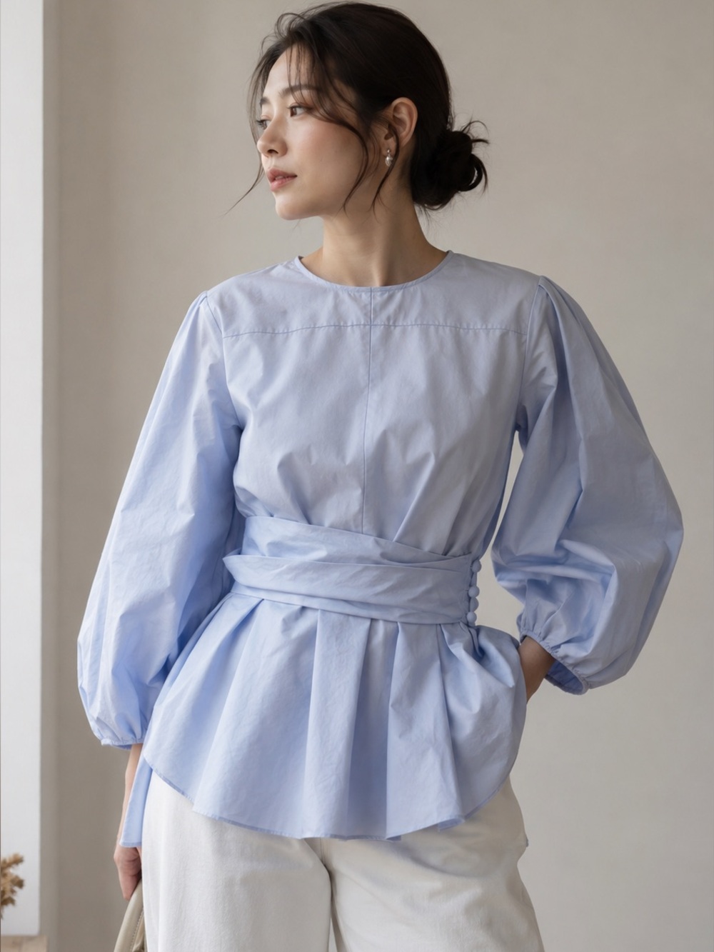 Japanese Cotton Poplin Peplum Blouse Baby Blue Puff Sleeve Top
